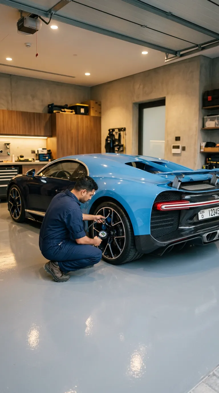 A technician checks the tyre pressure on a Bugatti Chiron in a private villa garage